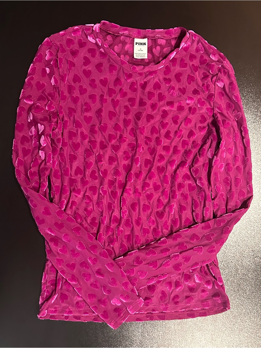 Victoria’s Secret Long Sleeve Fuchsia Heart Mesh Top - Picture 2 of 2
